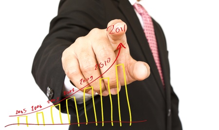 Businessman hand write graph isolated on whiteの写真素材