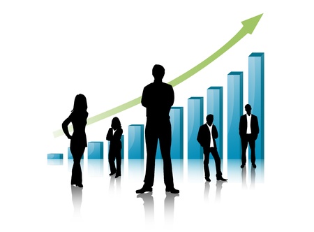 Silhouettes of business with blue graphの写真素材