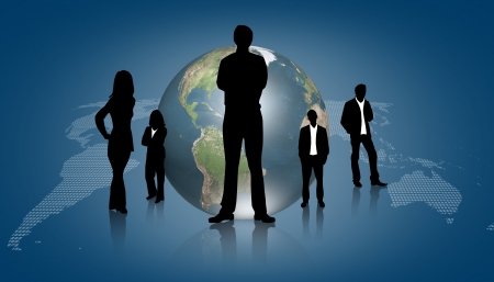 Silhouettes of business with blue graphの写真素材