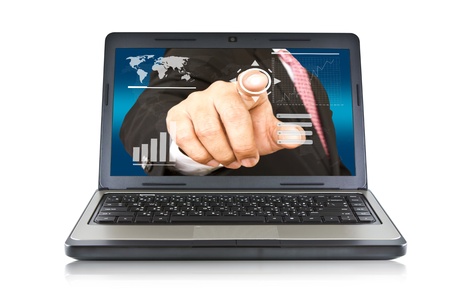 Laptop with pointing handの写真素材