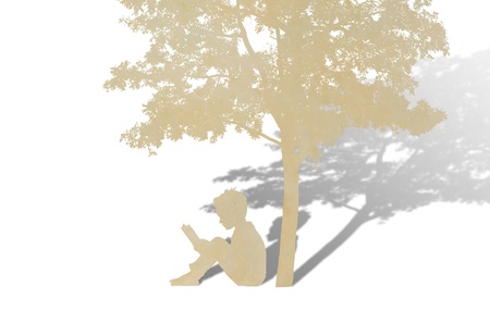 Paper cut of children read a book under tree against white backgroundの写真素材