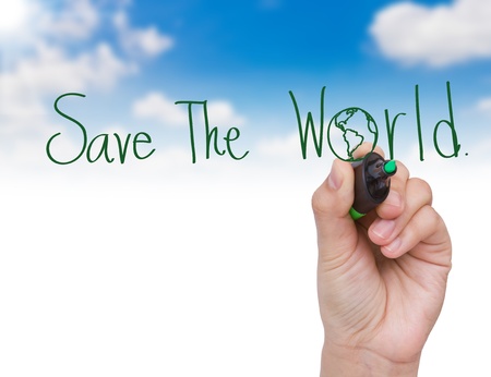 Woman's hand writing " Save The World "の写真素材
