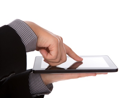 Business man using a touch screen device against white backgroundの写真素材