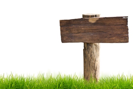 Wood sign with grass isolated on a white backgroundの写真素材