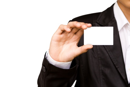 Business man with empty card in handの写真素材