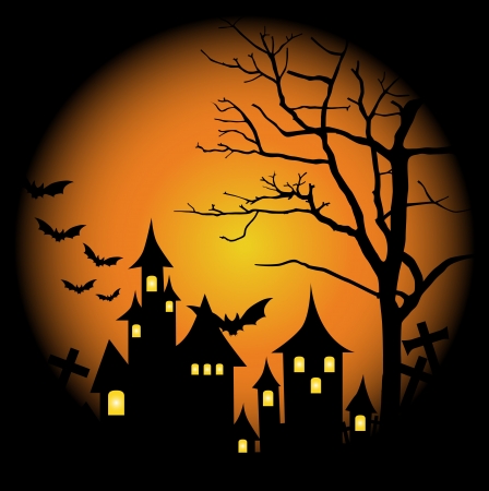 Halloween-themed Design: Halloween background with haunted house, bats and full moon, vector illustration.のイラスト素材