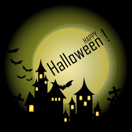 Halloween-themed Design: Halloween background with haunted house, bats and full moon, vector illustration.のイラスト素材