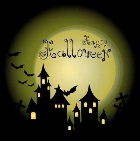 Halloween-themed Design: Halloween background with haunted house, bats and full moon, vector illustration.のイラスト素材