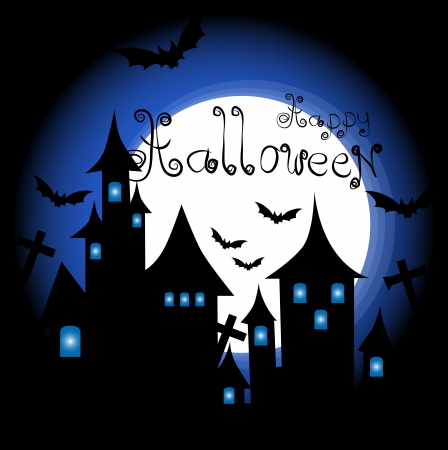Halloween-themed Design: Halloween background with haunted house, bats and full moon, vector illustration.のイラスト素材