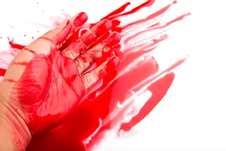 Halloween concept : Hand in blood on a white backgroundの写真素材