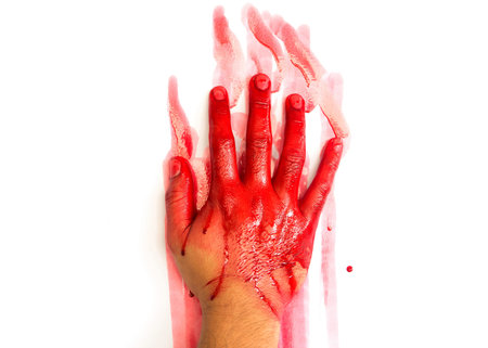 Halloween concept   Hand in blood on a white backgroundの写真素材