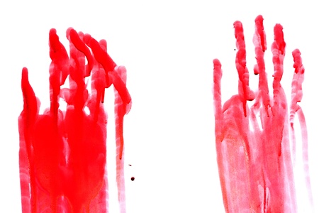 Bloody print of a hand and fingers on white wallの写真素材