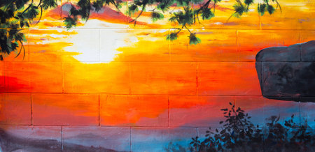 Vintage landscape Oil Painting on wallの写真素材