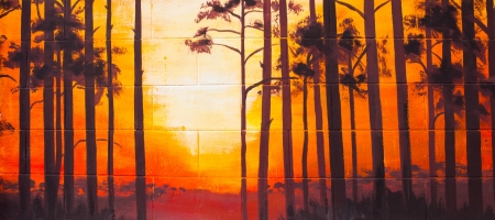 Vintage landscape Oil Painting on wallの写真素材