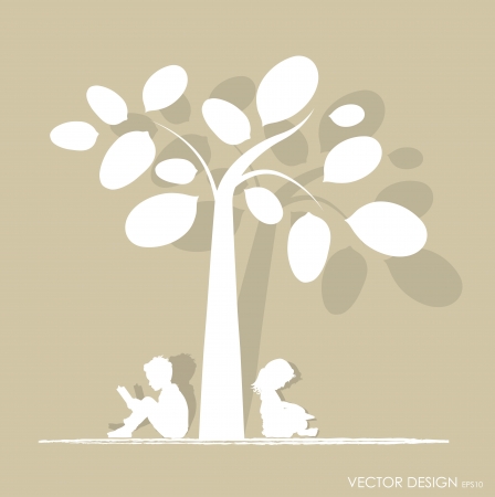 Vector background with children read a book under tree  Vector Illustration のイラスト素材