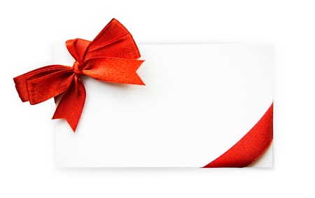 Card with red ribbons bows isolated on white background with clipping pathの写真素材