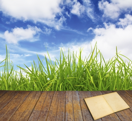 Old book on wood floor with green grass and blue sky.の写真素材