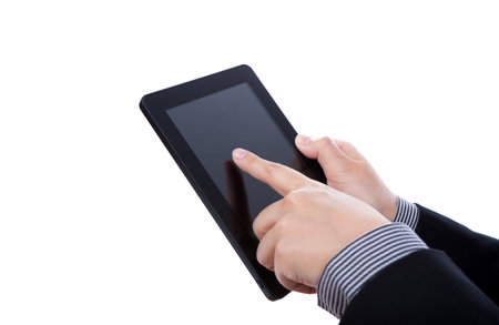 Business man using a touch screen device against white background