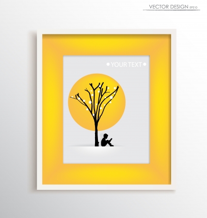 White modern frame with children read a book under tree,  illustration.のイラスト素材