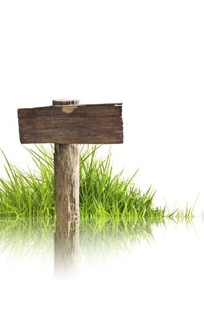 Wood sign and grass with reflection isolated on a white background.の写真素材