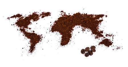 World map made of coffee on white backgroundの写真素材