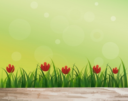 Fresh spring green grass with red flower and wood floorのイラスト素材