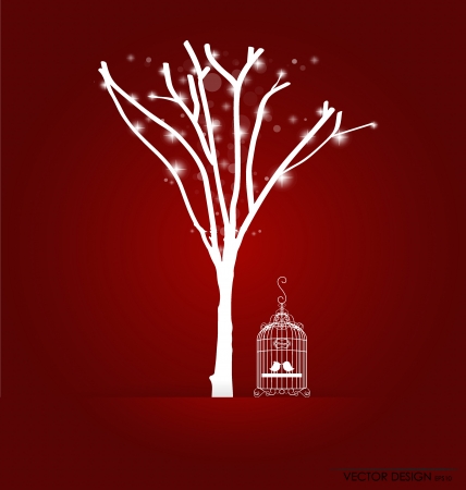 Abstract tree and vintage birdcages illustration.の写真素材