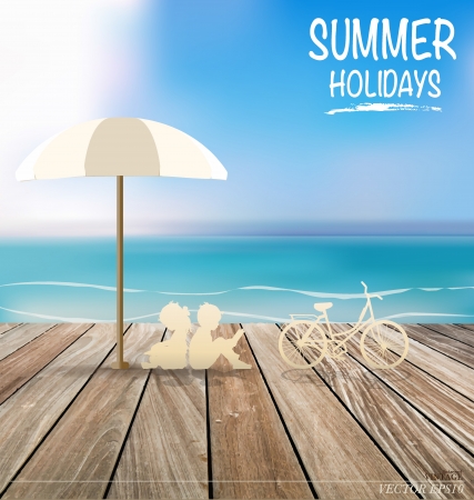 Summer holiday background with wood terrace. Vector illustration.のイラスト素材