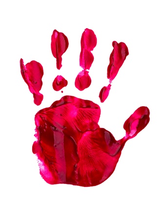 Bloody print of a hand and fingers on white wallの写真素材