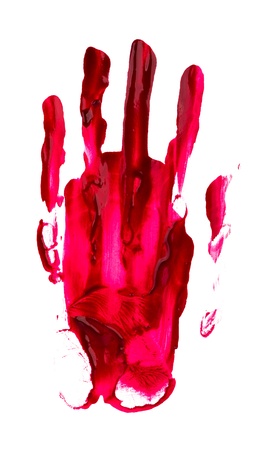 Bloody print of a hand and fingers on white wallの写真素材