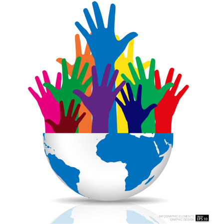 Colorful raised hands and globe. Vector illustration.のイラスト素材