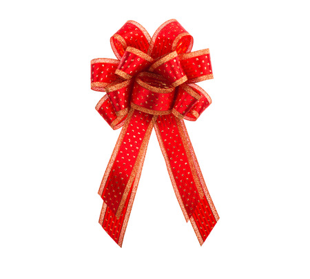 Red and gold gift bow and ribbon isolated on white backgroundの写真素材