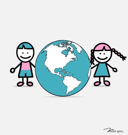 Cute children and globe. Vector illustration.のイラスト素材