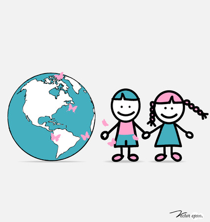 Cute children and globe. Vector illustration.のイラスト素材