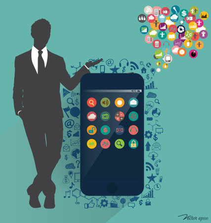 Infographic design template - businessman showing touchscreen device with colorful infographics paper template, vector illustrationのイラスト素材