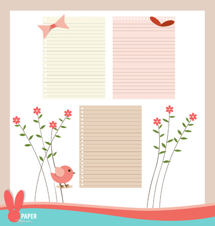 Collection of various papers with pink flower, ribbon and bird, ready for your message. Vector illustration.のイラスト素材