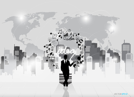 Business people silhouettes and light bulb as inspiration concept with drawing chart and graphs business strategyのイラスト素材