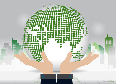 Business hand showing dotted globe with building background. のイラスト素材