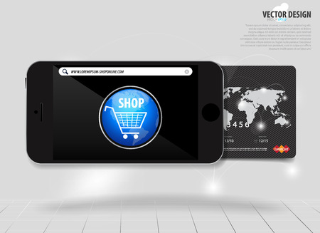 Touchscreen device with credit card, electronic payments concept. のイラスト素材