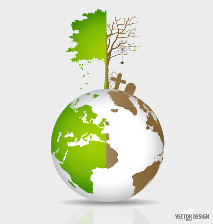 Save the world, Tree on a deforested globe and green globe. Vector illustration.のイラスト素材