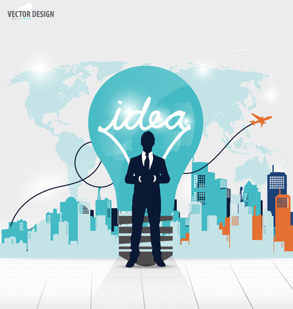 Business people silhouettes and light bulb as inspiration concept with building backgroundのイラスト素材
