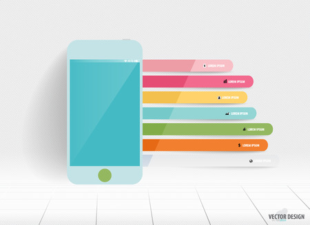 Infographic design template. Touchscreen device with colorful infographics paper templateのイラスト素材