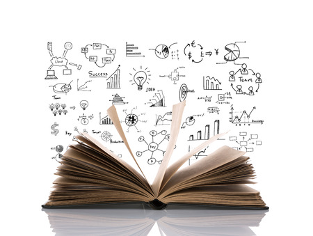 Opened book with business concept and graph isolated over white backgroundの写真素材