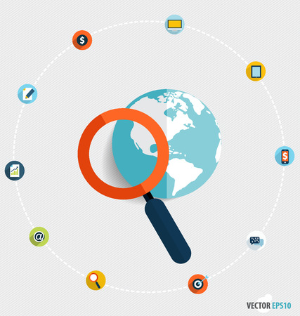Magnifying glass and globe with application icons, Business working elements for web design, seo optimizations, mobile app, social networks. Modern Flat design icon vector illustration.のイラスト素材