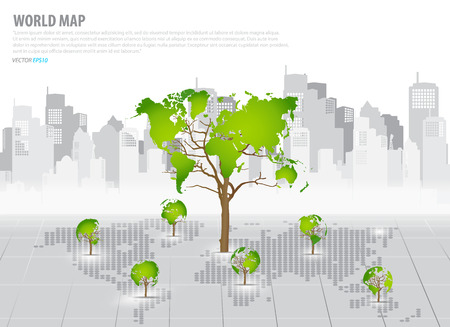 Green economy concept : Tree shaped world map with building background. のイラスト素材