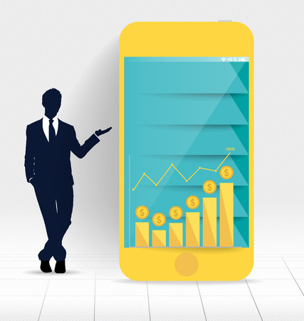 Businessman showing touchscreen device with graph and Infographic design template. Vector illustration.のイラスト素材