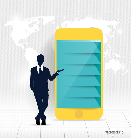 Businessman showing touchscreen device with Infographic design template. Vector illustration.のイラスト素材