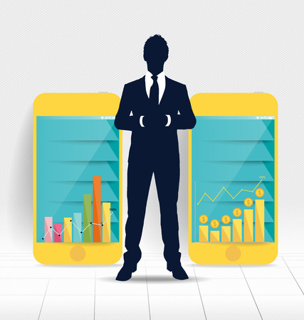 Businessman showing touchscreen device with graph and Infographic design template. Vector illustration.のイラスト素材