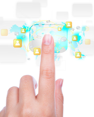 Social Network concept : hand point to social network and world mapの写真素材