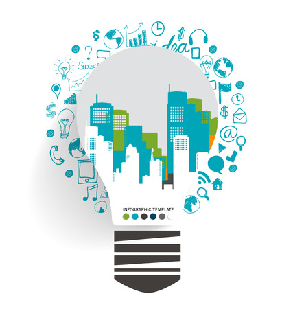 Light bulb with city background and cloud of application. Vector illustration.のイラスト素材